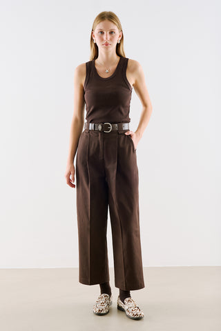 Pleated Gabardine Straight Leg Trousers Dark Brown