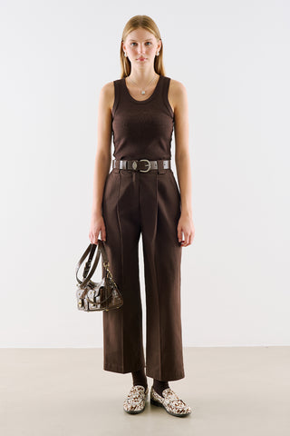 Pleated Gabardine Straight Leg Trousers Dark Brown