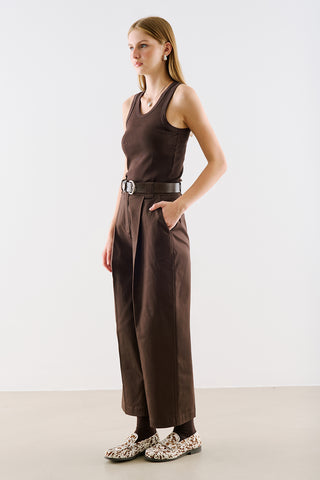 Pleated Gabardine Straight Leg Trousers Dark Brown