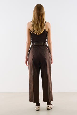 Pleated Gabardine Straight Leg Trousers Dark Brown
