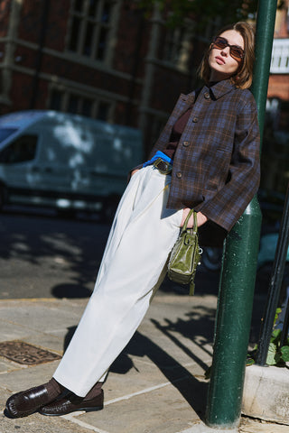Checked Wool Cropped Coat Brown