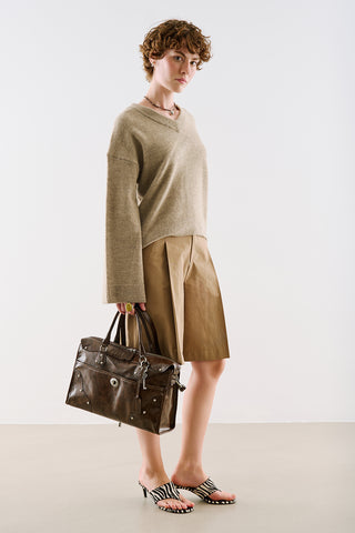 Cropped V-Neck Knit Sweater Mink