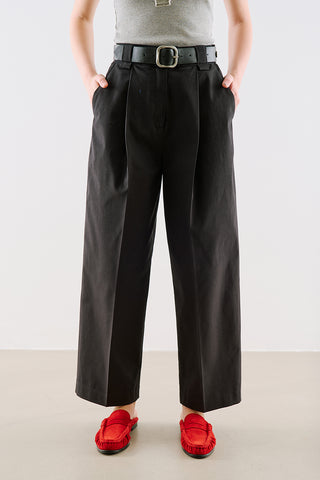 Pleated Gabardine Straight Leg Trousers Navy Blue