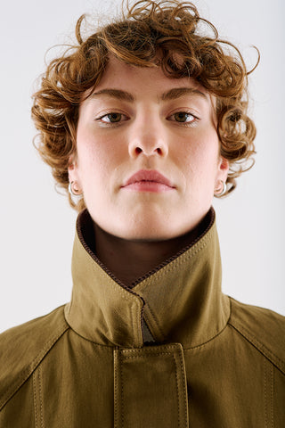 Velvet Collar Cropped Trench Jacket Khaki