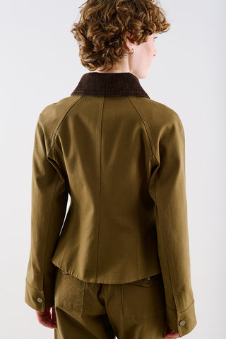 Velvet Collar Cropped Trench Jacket Khaki