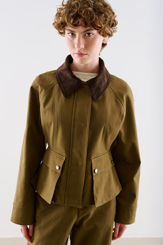 Velvet Collar Cropped Trench Jacket Khaki