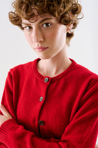 Crew Neck Knit Cardigan Red