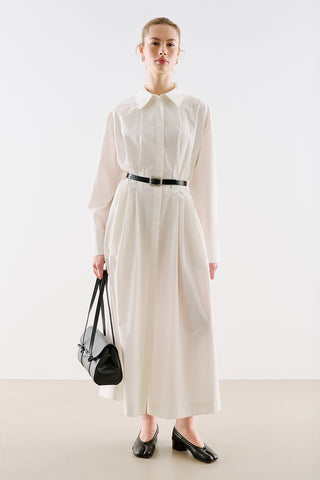 Pleated Waist Shirt Dress Ecru