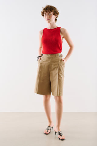 Pleated Bermuda Shorts With Belt Detail Camel