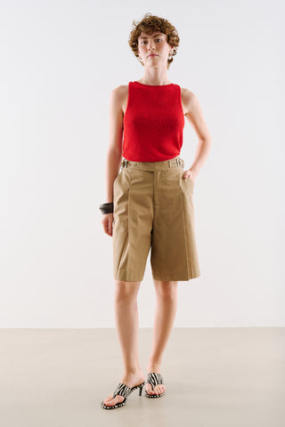 Pleated Bermuda Shorts With Belt Detail Camel