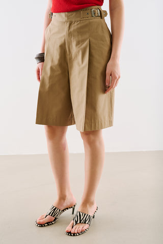 Pleated Bermuda Shorts With Belt Detail Camel