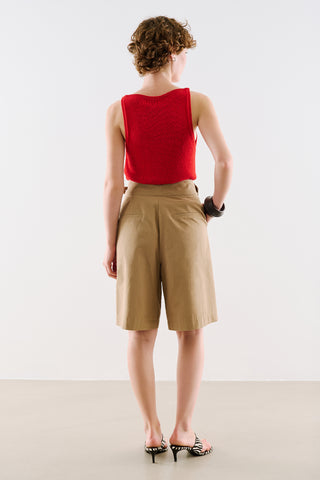 Pleated Bermuda Shorts With Belt Detail Camel