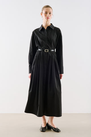 Pleated Waist Shirt Dress Black