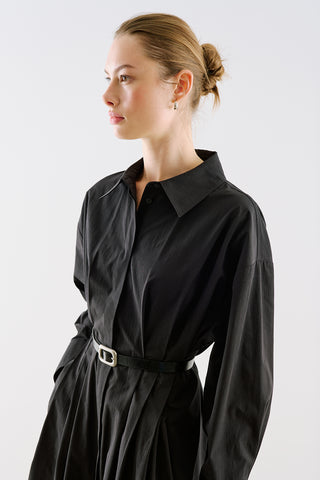 Pleated Waist Shirt Dress Black