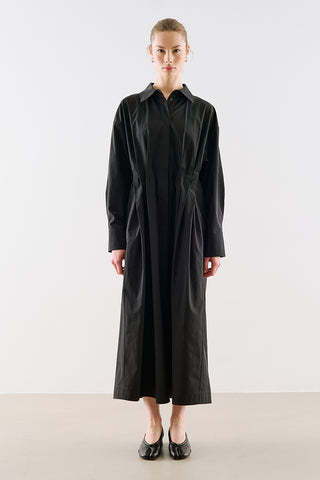 Pleated Waist Shirt Dress Black