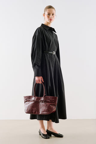 Pleated Waist Shirt Dress Black