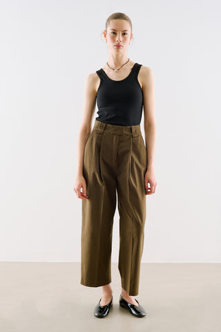 Pleated Gabardine Straight Leg Trousers Khaki