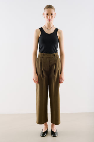 Pleated Gabardine Straight Leg Trousers Khaki