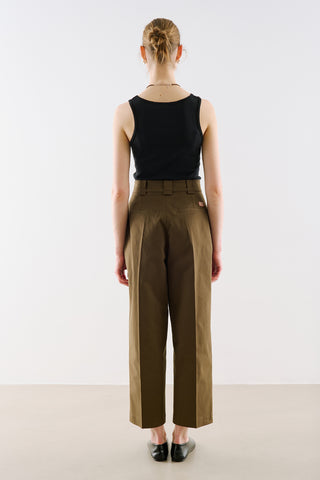 Pleated Gabardine Straight Leg Trousers Khaki