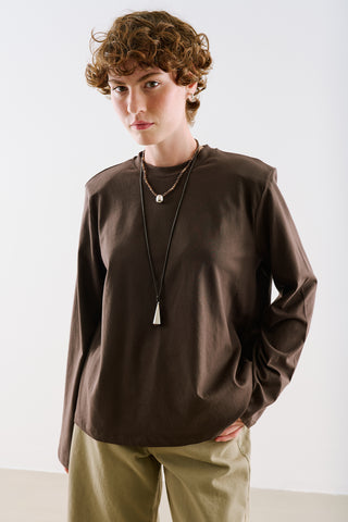 Padded Shoulder Long Sleeve T-Shirt Brown