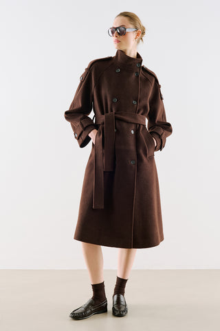 Premium High Neck Double Breasted Coat Dark Brown