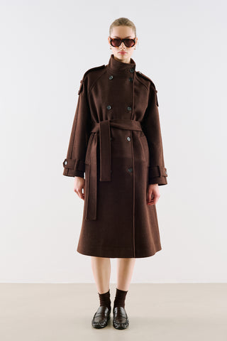 Premium High Neck Double Breasted Coat Dark Brown