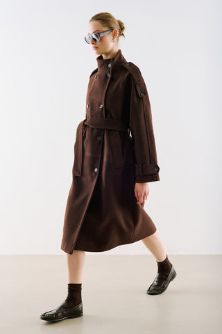 Premium High Neck Double Breasted Coat Dark Brown