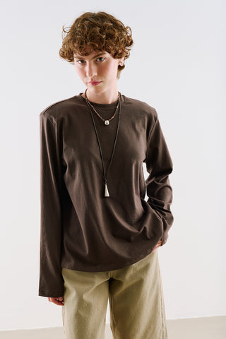 Padded Shoulder Long Sleeve T-Shirt Brown