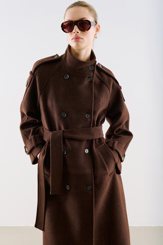 Premium High Neck Double Breasted Coat Dark Brown