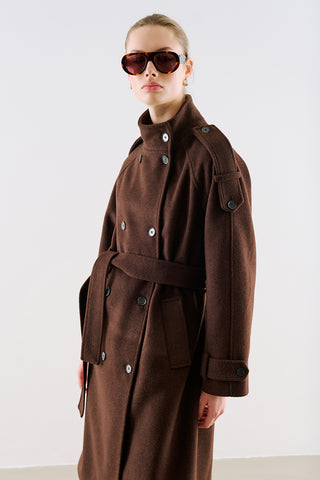 Premium High Neck Double Breasted Coat Dark Brown