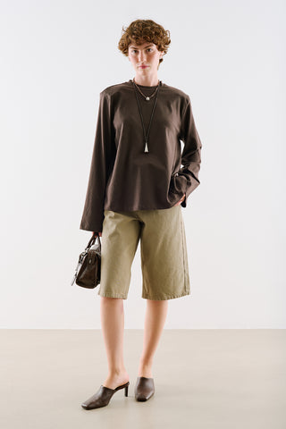 Padded Shoulder Long Sleeve T-Shirt Brown