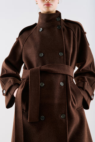 Premium High Neck Double Breasted Coat Dark Brown