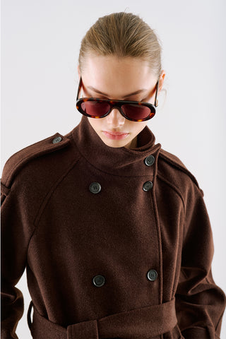 Premium High Neck Double Breasted Coat Dark Brown