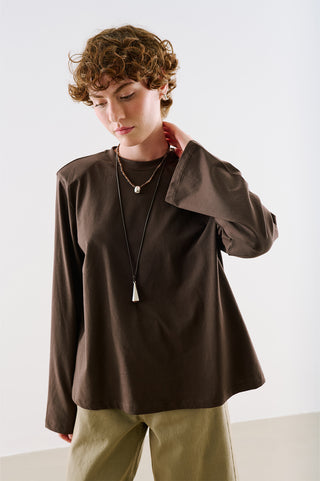 Padded Shoulder Long Sleeve T-Shirt Brown