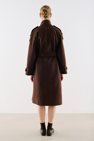 Premium High Neck Double Breasted Coat Dark Brown