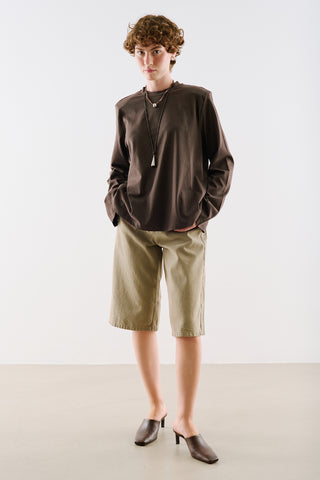 Padded Shoulder Long Sleeve T-Shirt Brown