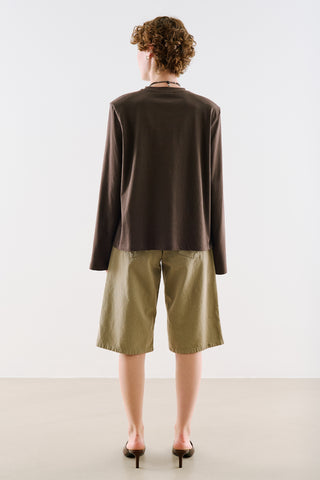 Padded Shoulder Long Sleeve T-Shirt Brown