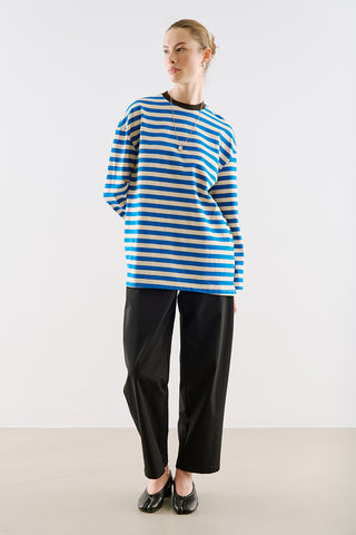Striped Long Sleeve T Shirt With Contrast Collar Blue