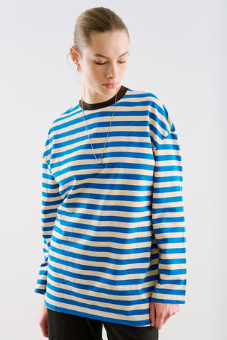 Striped Long Sleeve T Shirt With Contrast Collar Blue