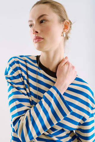 Striped Long Sleeve T Shirt With Contrast Collar Blue