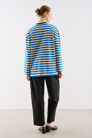 Striped Long Sleeve T Shirt With Contrast Collar Blue