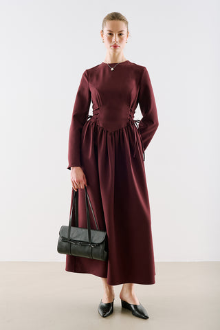 Fitted Tie Detail Dress Burgundy