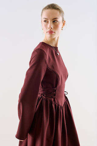 Fitted Tie Detail Dress Burgundy