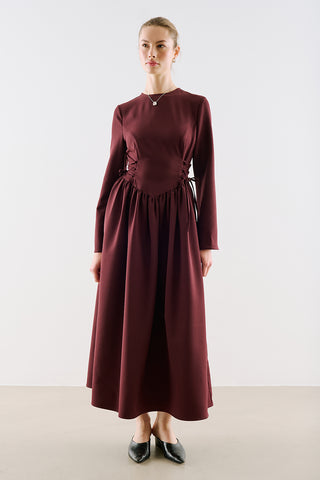 Fitted Tie Detail Dress Burgundy