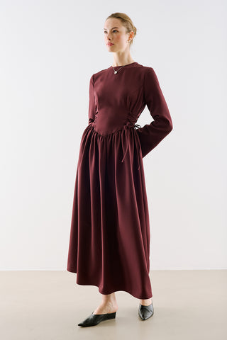 Fitted Tie Detail Dress Burgundy