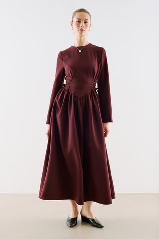 Fitted Tie Detail Dress Burgundy