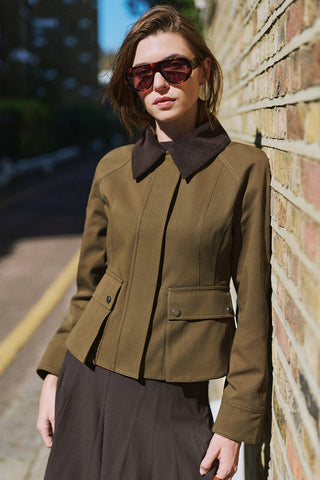 Velvet Collar Cropped Trench Jacket Khaki