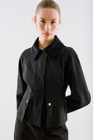 Velvet Collar Cropped Trench Jacket Black