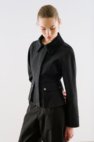 Velvet Collar Cropped Trench Jacket Black