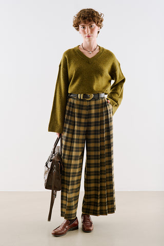 Pleated Checked Wide Leg Trousers Plaid